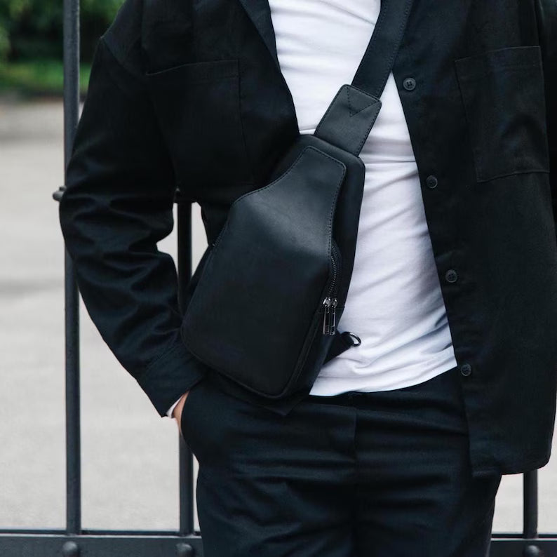 Men's Black Leather Sling Bag - Casual Crossbody