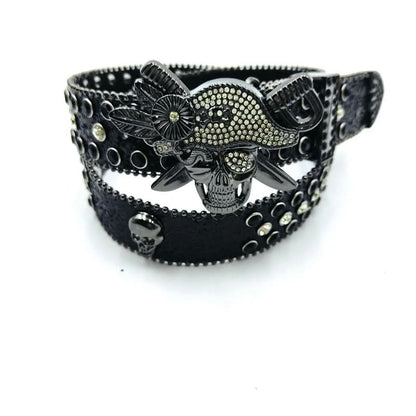 Black Pirate Skull Rhinestone Belt - Unisex Glitter Festival Style