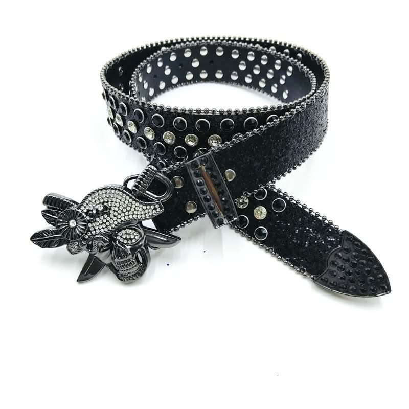 Black Pirate Skull Rhinestone Belt - Unisex Glitter Festival Style