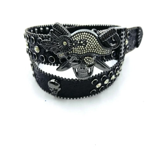 Black Pirate Skull Rhinestone Belt - Unisex Glitter Festival Style
