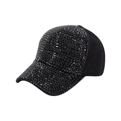 Black Rhinestone Baseball Cap with Ponytail Hole & Adjustable Strap