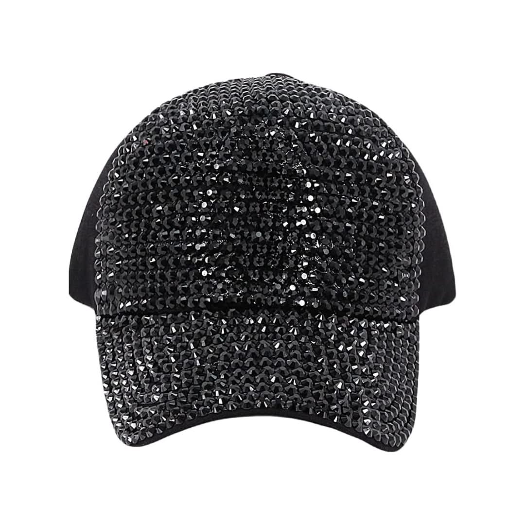 Black Rhinestone Baseball Cap with Ponytail Hole & Adjustable Strap