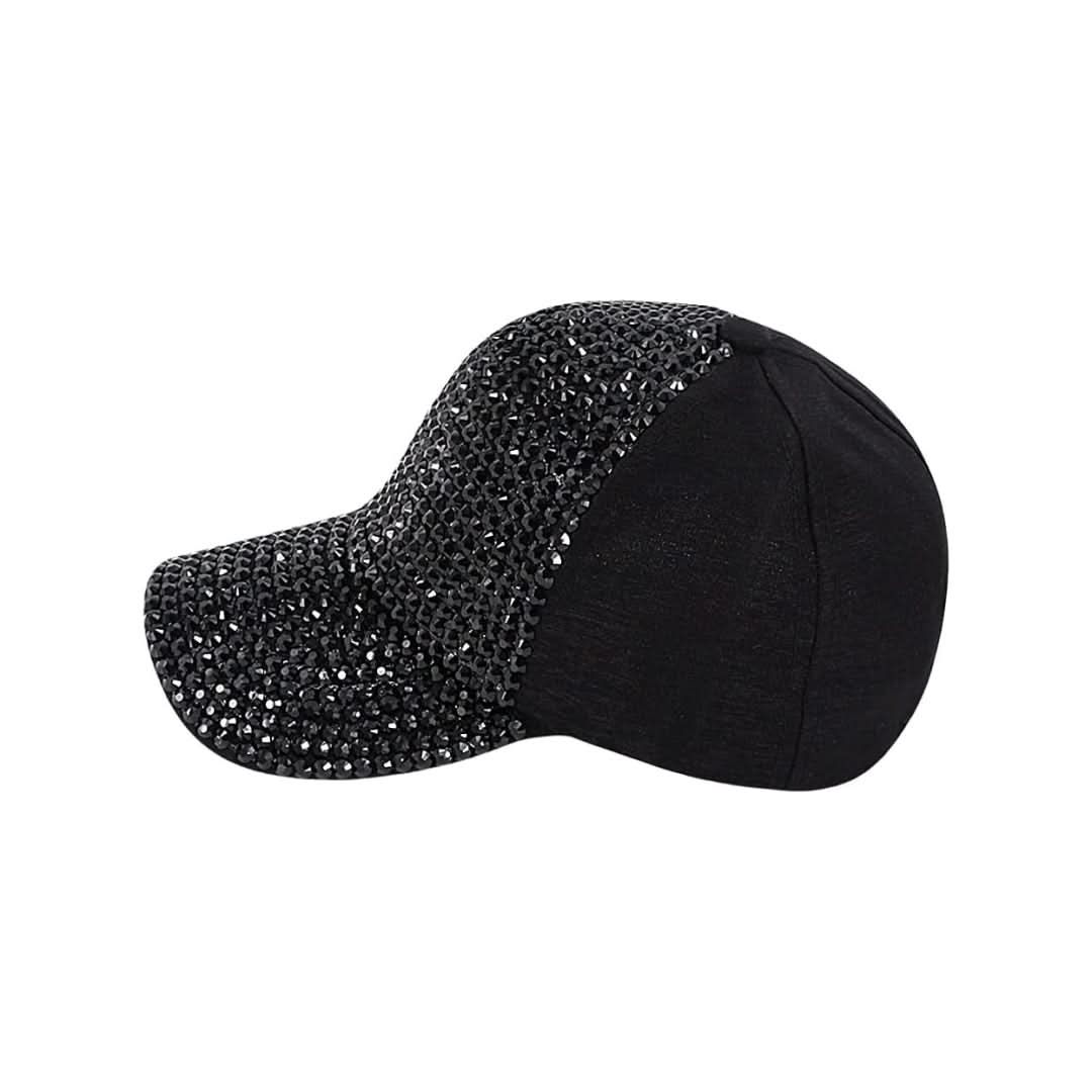 Black Rhinestone Baseball Cap with Ponytail Hole & Adjustable Strap