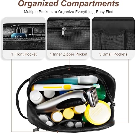 Black Water-Resistant Leather Toiletry Bag for Travel