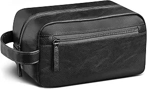 Black Water-Resistant Leather Toiletry Bag for Travel