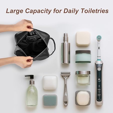 Black Water-Resistant Leather Toiletry Bag for Travel