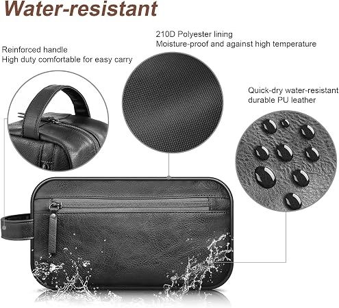 Black Water-Resistant Leather Toiletry Bag for Travel