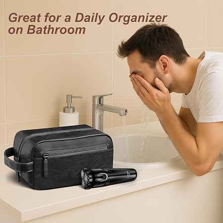 Black Water-Resistant Leather Toiletry Bag for Travel