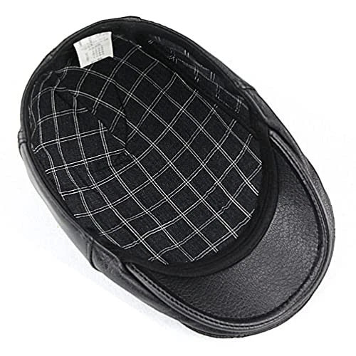 Black Lambskin Leather Flat Cap - Newsboy Beret Style