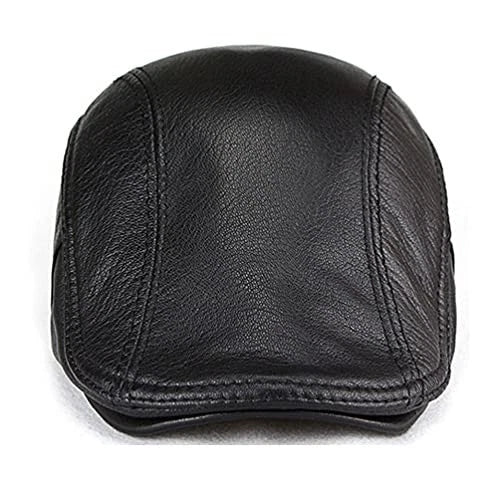 Black Lambskin Leather Flat Cap - Newsboy Beret Style