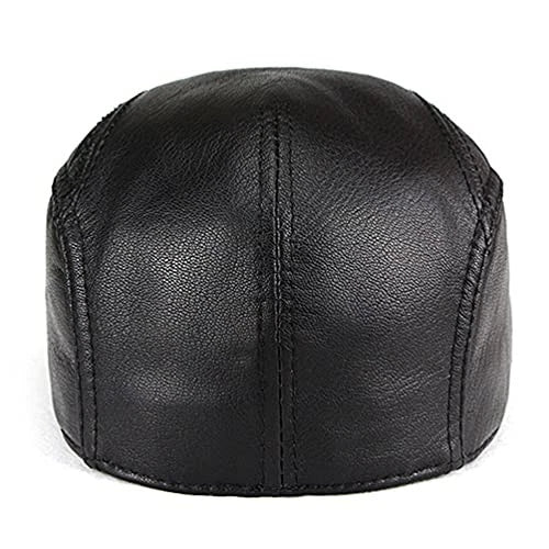 Black Lambskin Leather Flat Cap - Newsboy Beret Style