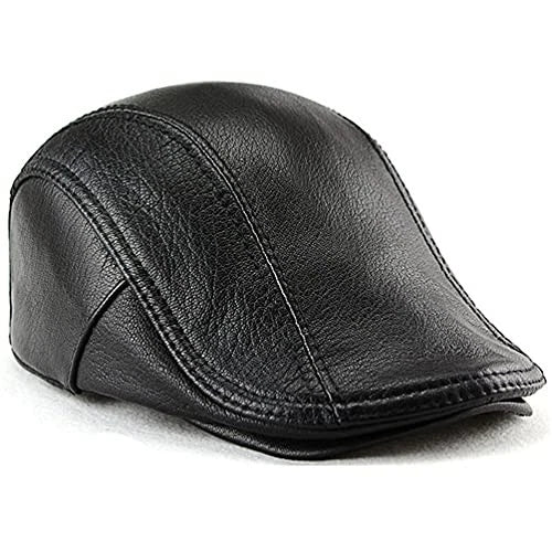 Black Lambskin Leather Flat Cap - Newsboy Beret Style