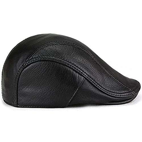 Black Lambskin Leather Flat Cap - Newsboy Beret Style