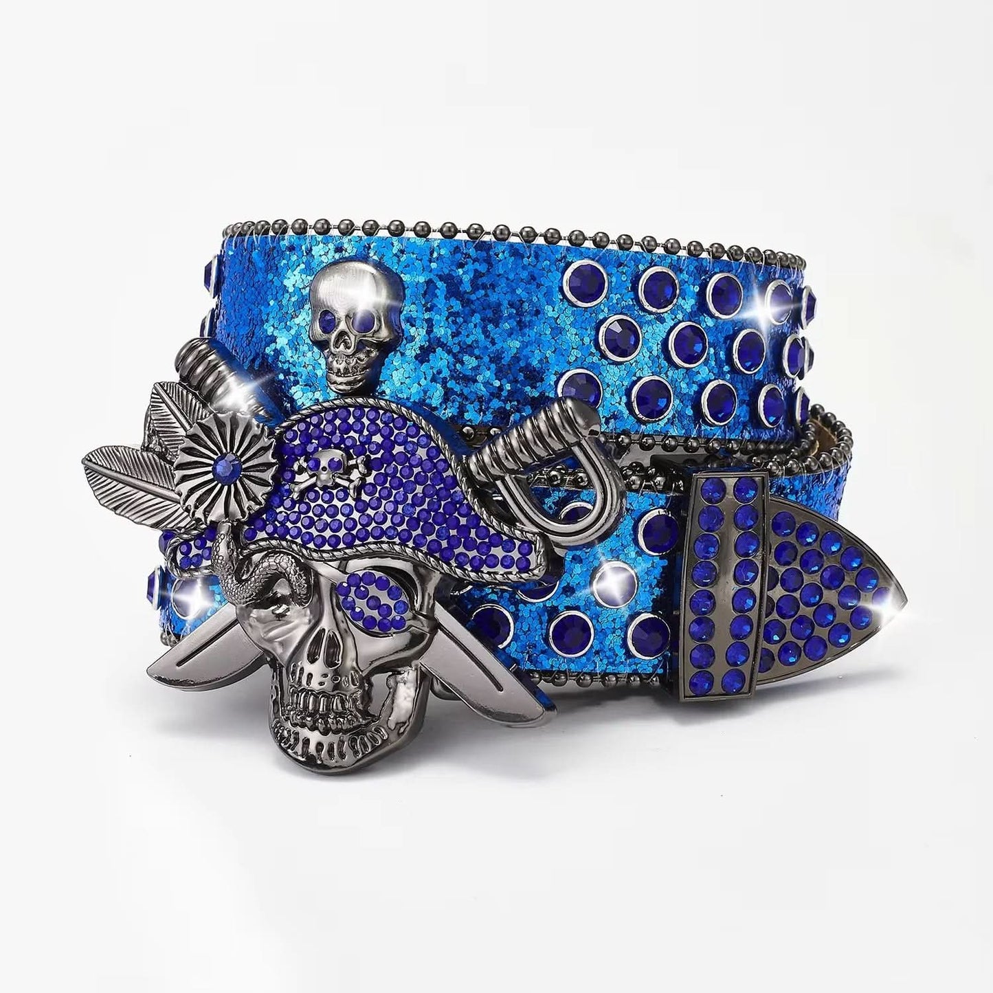 Blue Pirate Skull Rhinestone Belt - Crystal Studded Buckle & Strap