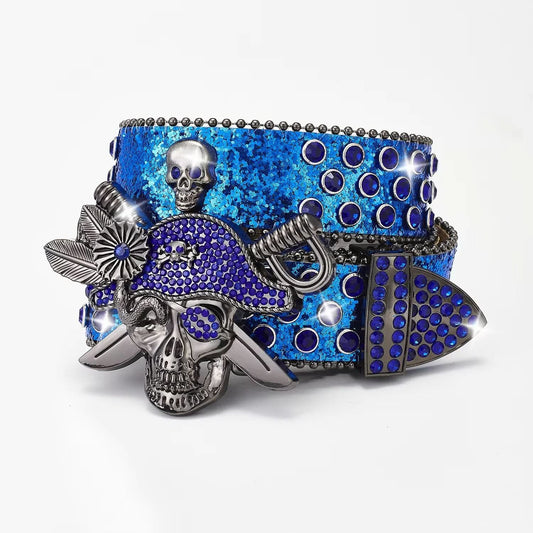 Blue Pirate Skull Rhinestone Belt - Crystal Studded Buckle & Strap