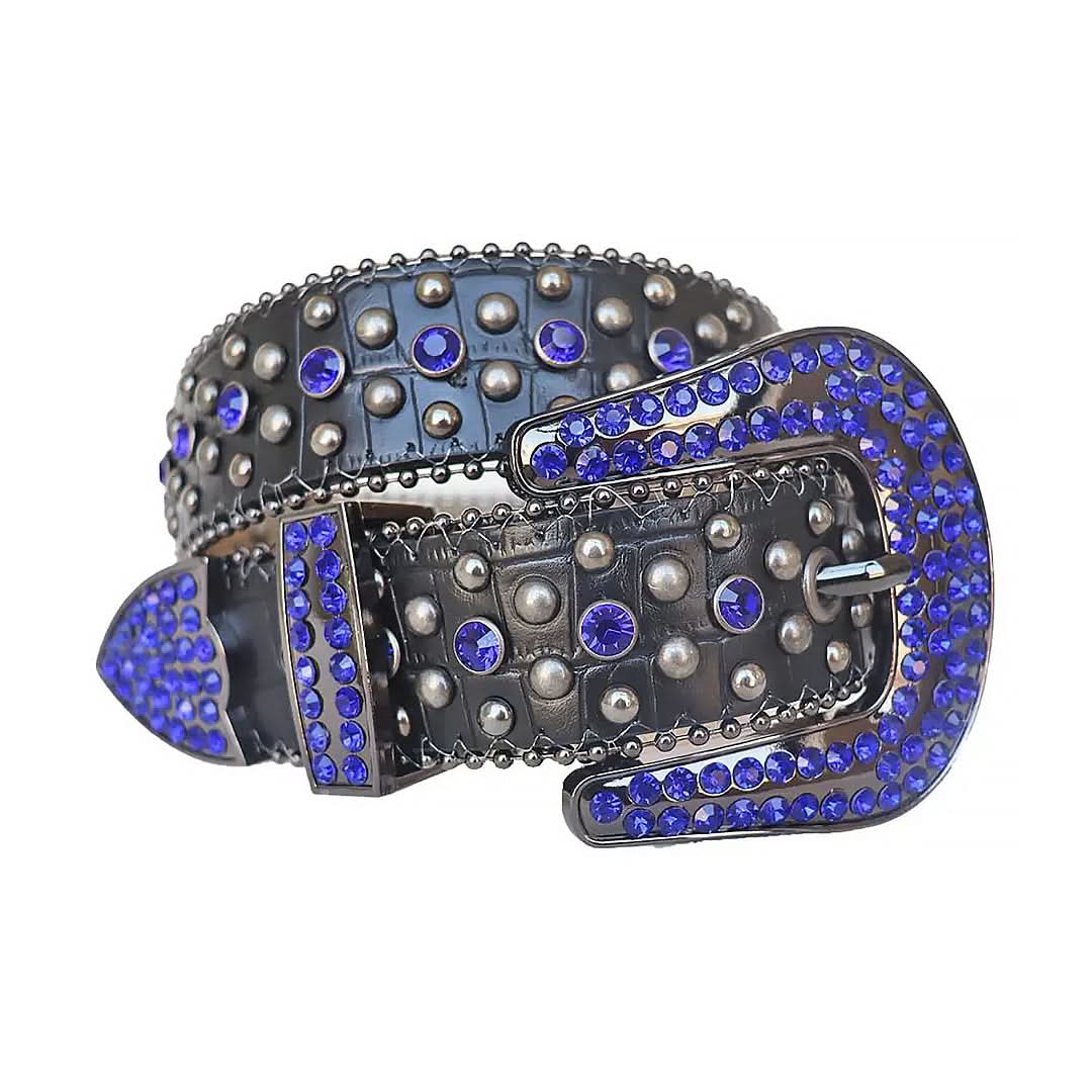 Blue Rhinestone Studded Belt with Silver Accents & Black Textured Strap