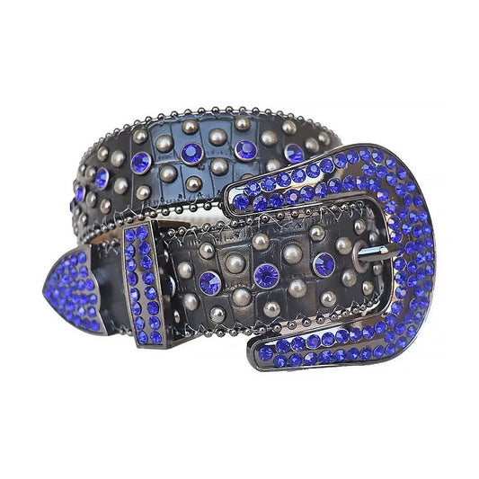 Blue Rhinestone Studded Belt with Silver Accents & Black Textured Strap