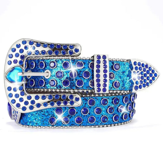 Blue Rhinestone Western Belt with Heart Buckle - Glitter Sparkle