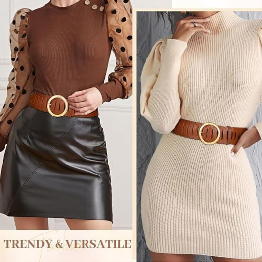Women's Wide Braided Belt - Vintage Round Gold Buckle