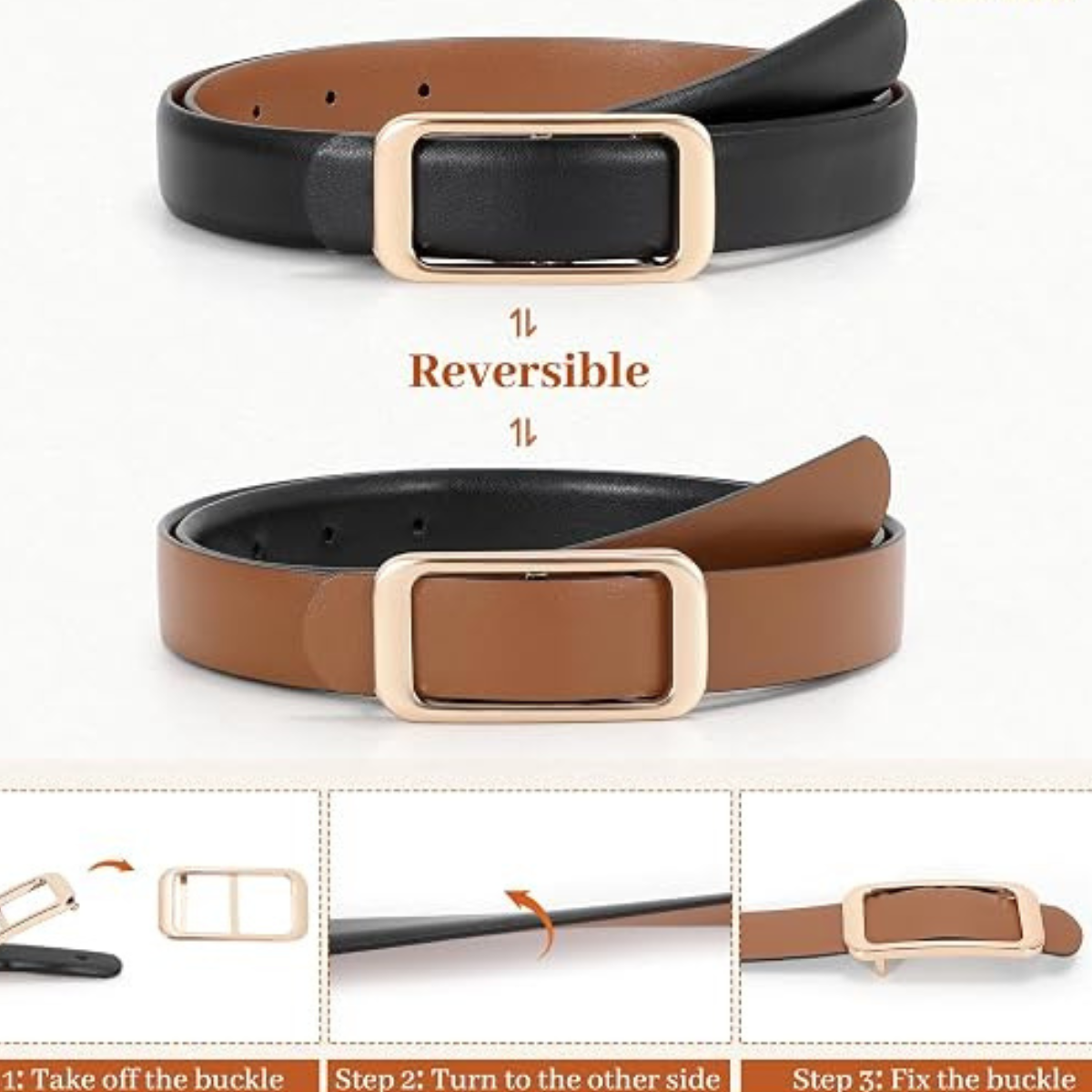 Women's Reversible Leather Belt – Square Metal Buckle