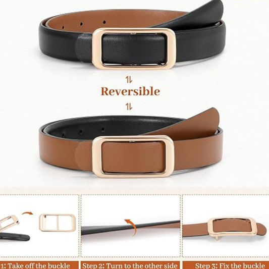 Women's Reversible Leather Belt – Square Metal Buckle