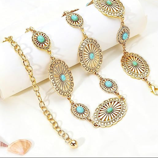 Hollow Boho Floral Concho Chain Belt - Western Waist Belt