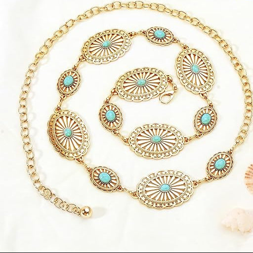 Hollow Boho Floral Concho Chain Belt - Western Waist Belt