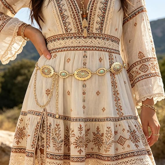 Hollow Boho Floral Concho Chain Belt - Western Waist Belt