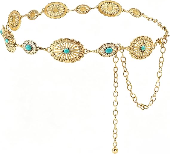 Hollow Boho Floral Concho Chain Belt - Western Waist Belt