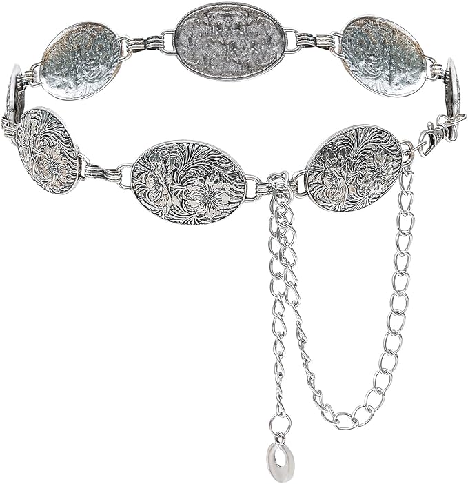 Engraved Floral Concho Chain Belt - Vintage Silver Belt