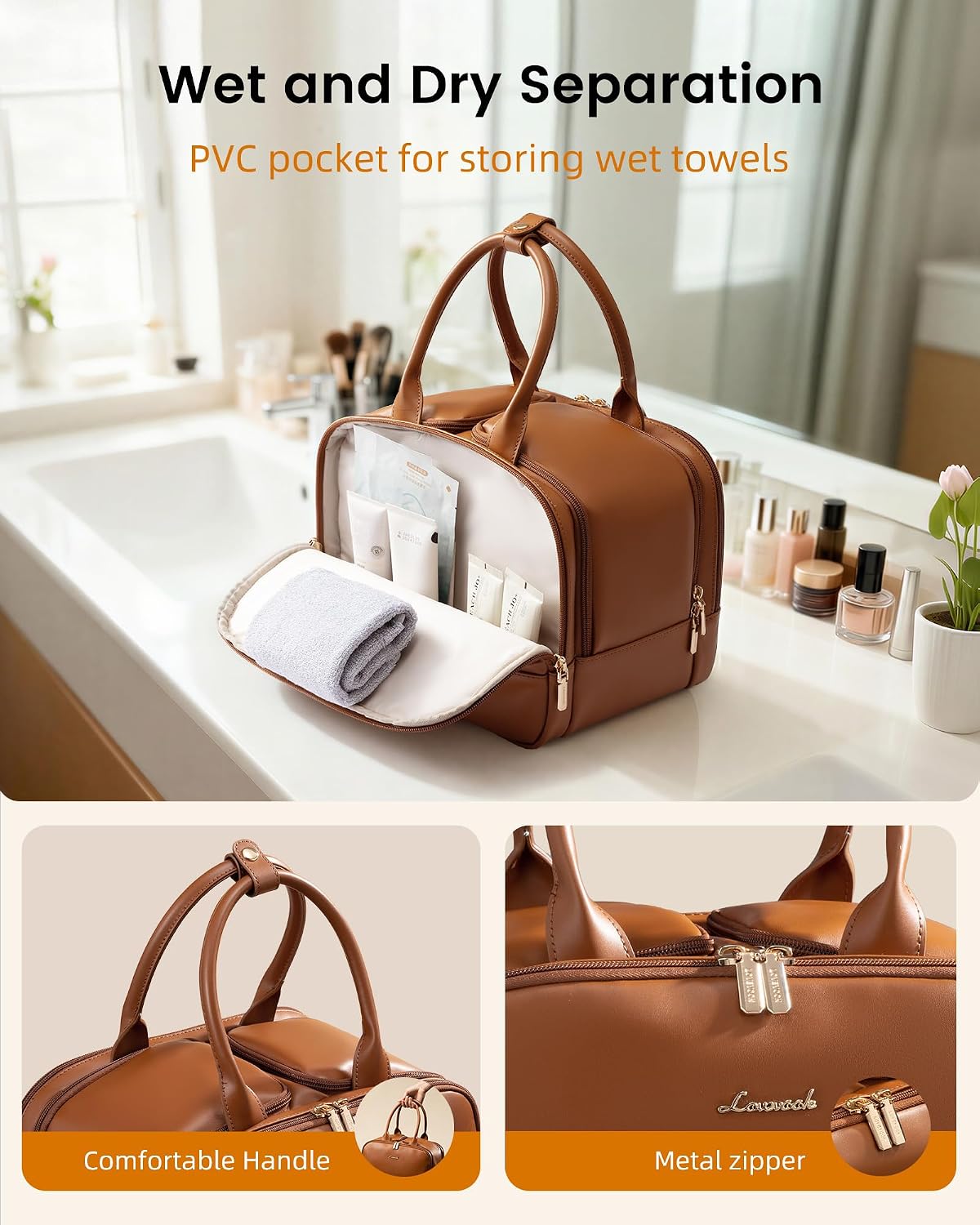 Brown Leather Travel Toiletry Bag with 17 Pockets & Dry/Wet Separation