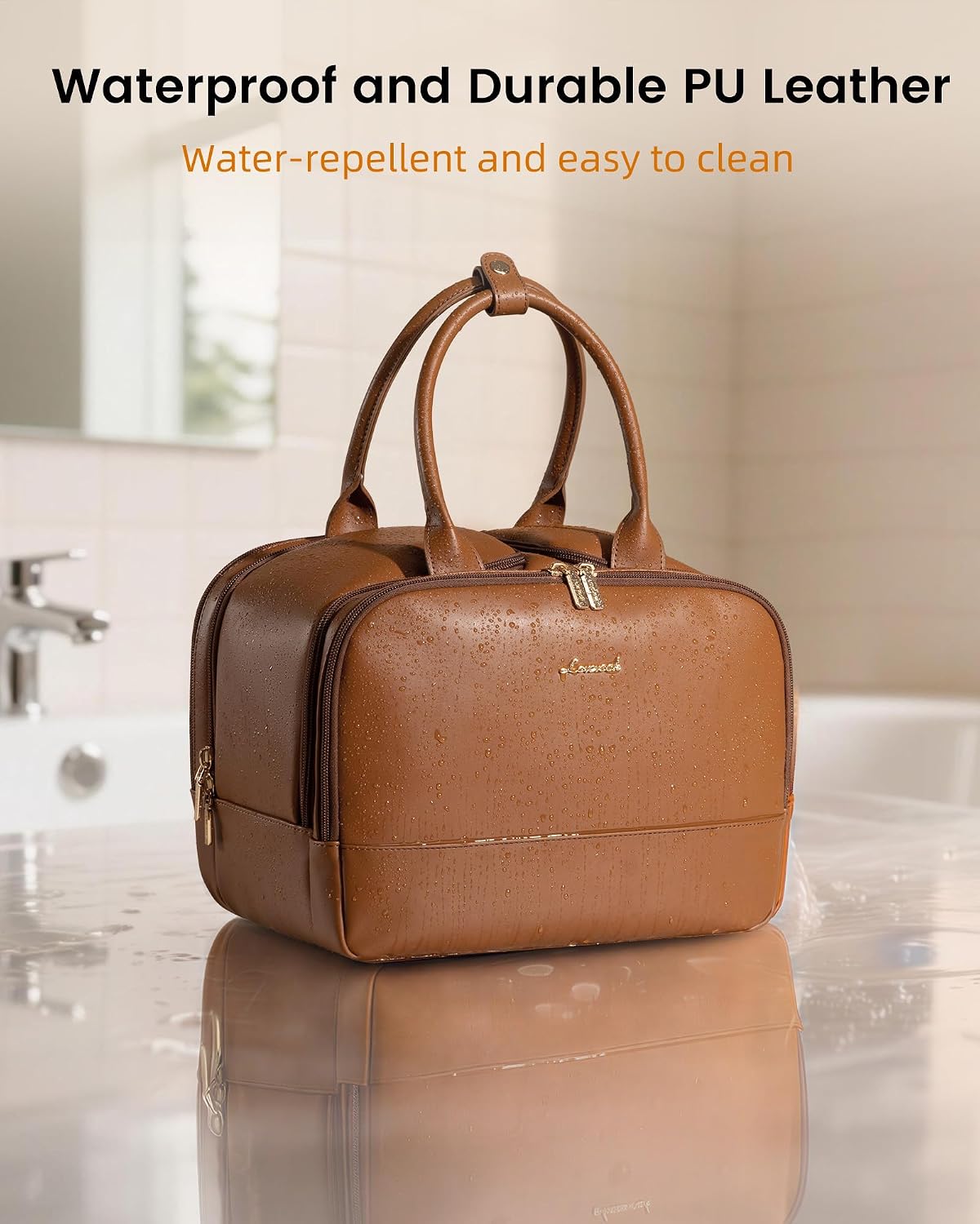 Brown Leather Travel Toiletry Bag with 17 Pockets & Dry/Wet Separation