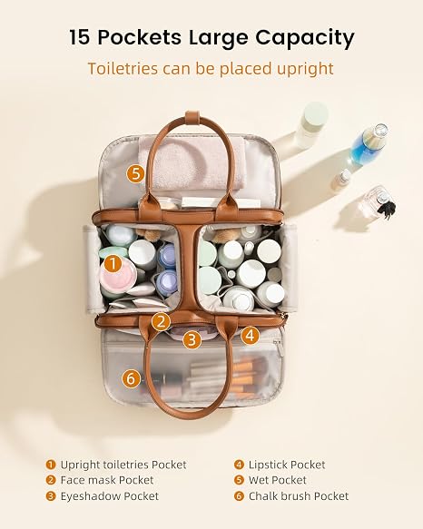 Brown Leather Travel Toiletry Bag with 17 Pockets & Dry/Wet Separation