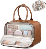 Brown Leather Travel Toiletry Bag with 17 Pockets & Dry/Wet Separation