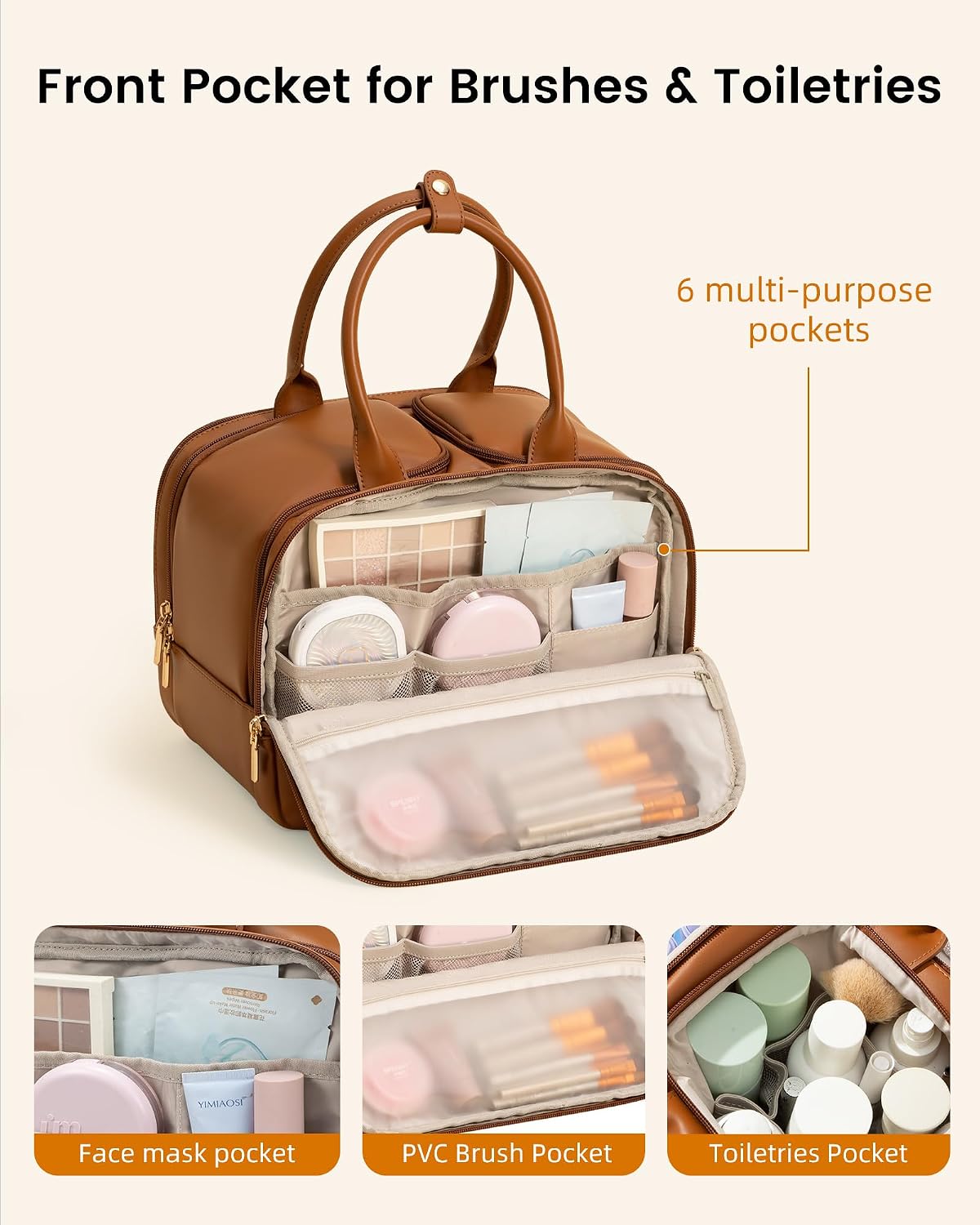 Brown Leather Travel Toiletry Bag with 17 Pockets & Dry/Wet Separation