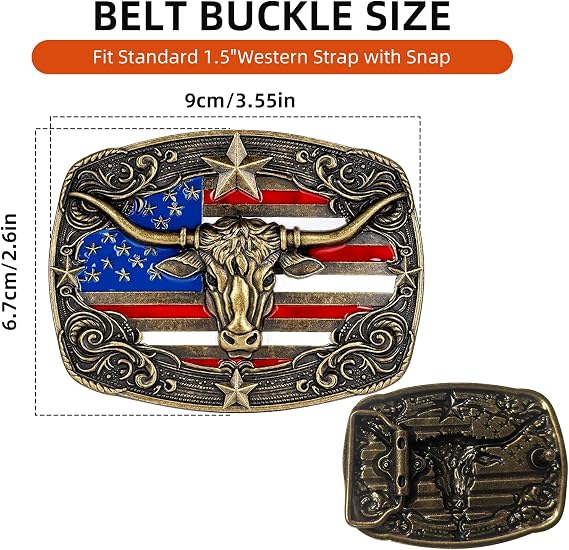 Longhorn Bull Rodeo Belt Buckle - American Flag Detail