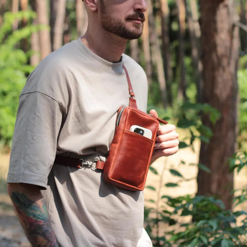 Men's Compact Leather Chest Sling Phone Bag