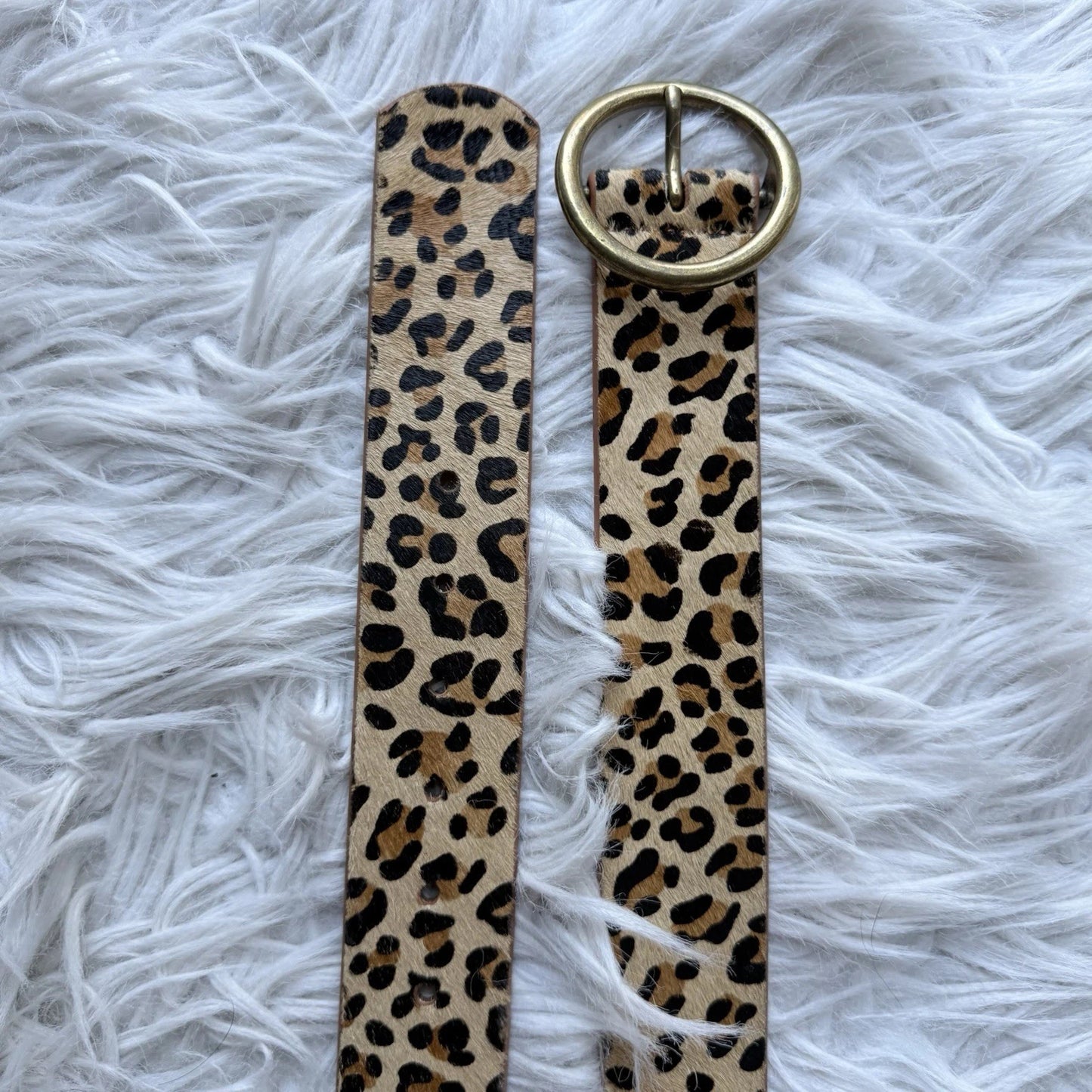 Leopard Print Hair-On Hide Belt - Round Brass Buckle
