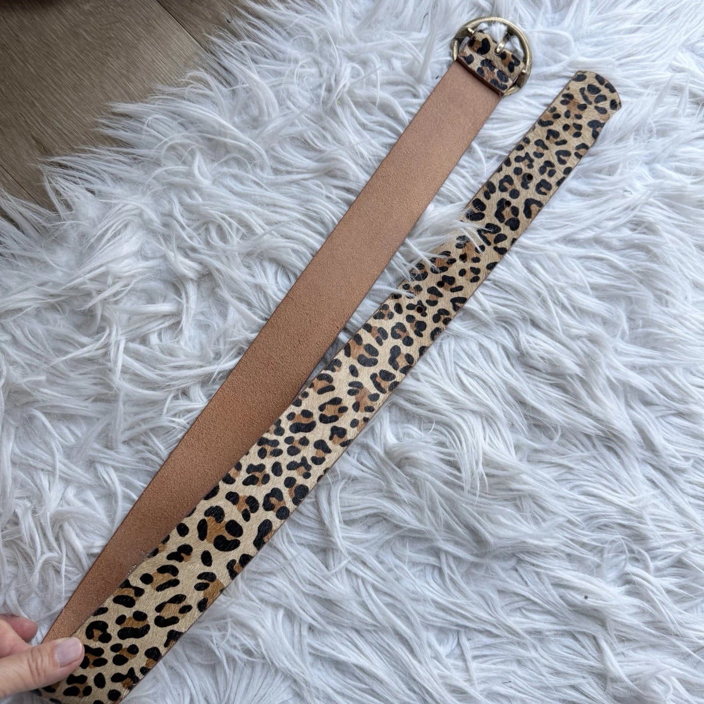 Leopard Print Hair-On Hide Belt - Round Brass Buckle