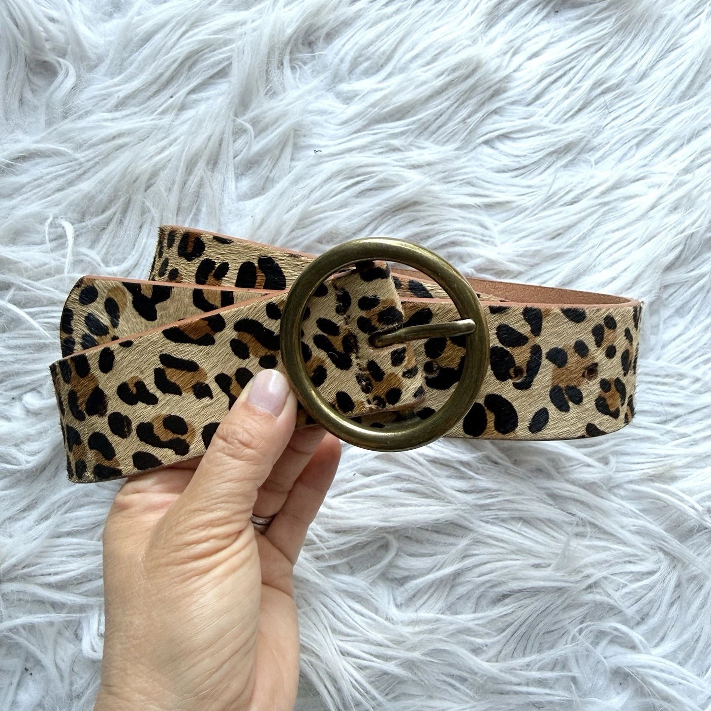 Leopard Print Hair-On Hide Belt - Round Brass Buckle