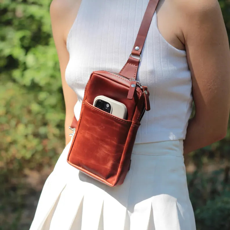 Men's Compact Leather Chest Sling Phone Bag