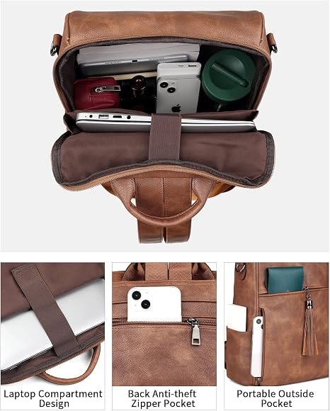Convertible Leather Laptop Backpack for Women - 15.6