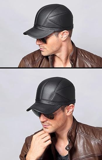 Cowhide Leather Winter Baseball Cap with Ear Protection