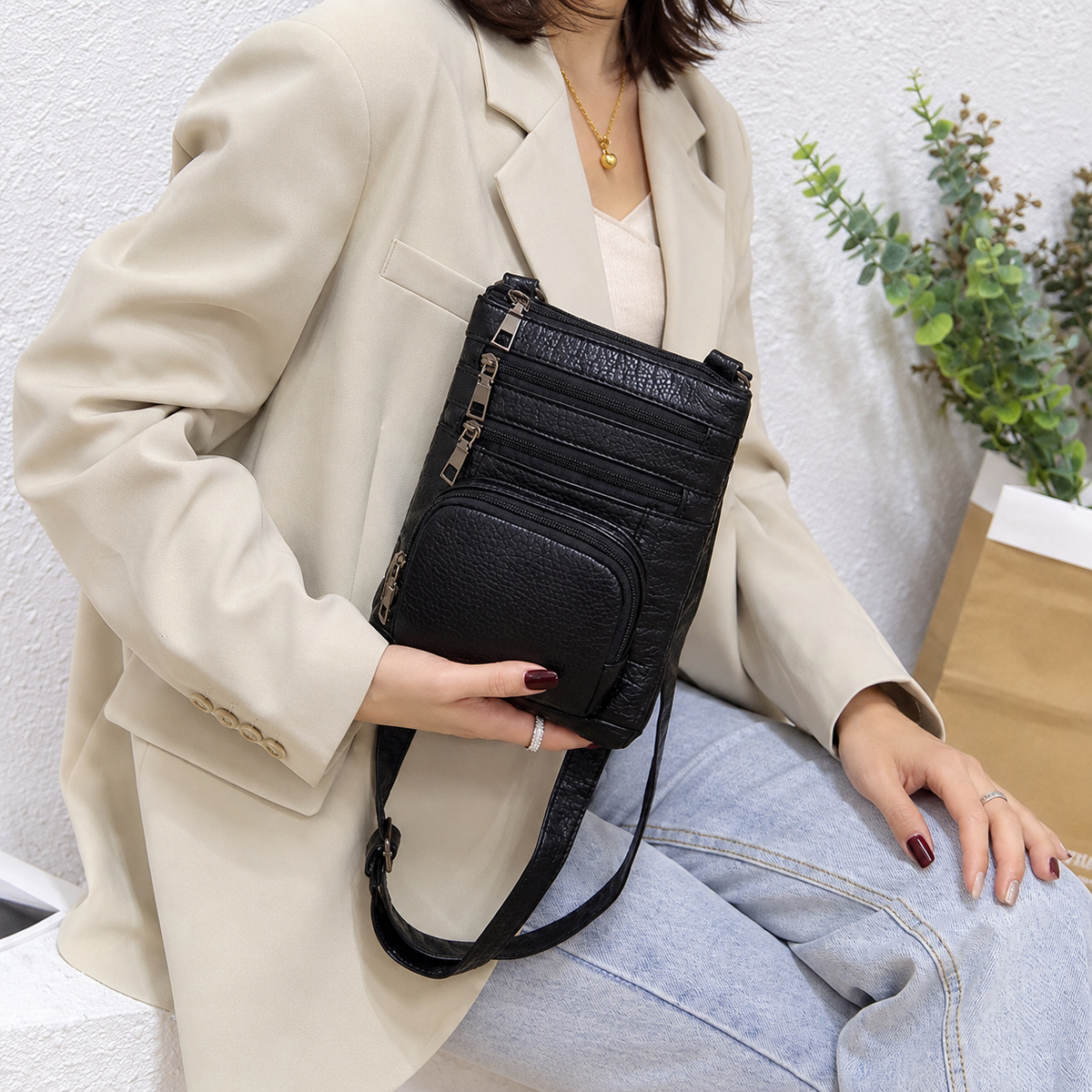 Black Leather-Style Crossbody Phone Bag with 4 Zip Pockets