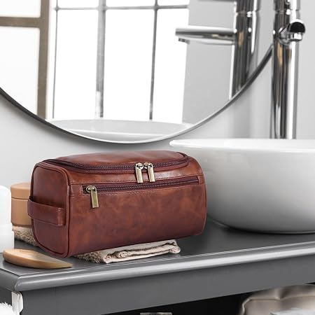 Dark Brown Hanging Leather Toiletry Bag with Metal Hook