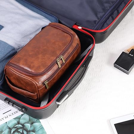 Dark Brown Hanging Leather Toiletry Bag with Metal Hook