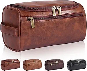 Dark Brown Hanging Leather Toiletry Bag with Metal Hook