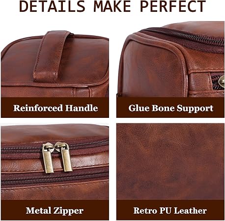 Dark Brown Hanging Leather Toiletry Bag with Metal Hook