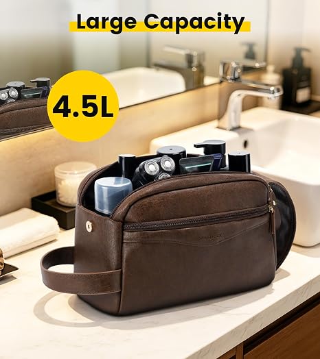 Dark Brown Leather Toiletry Bag with Wide Boxy Opening