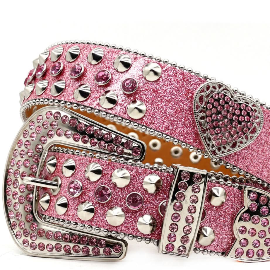 Dazzling Pink Heart Rhinestone Glitter Belt for Women